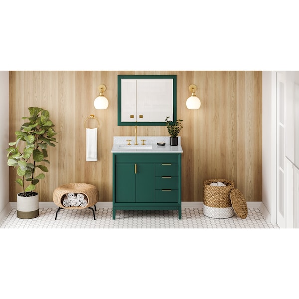Jeffrey Alexander 36In. Forest Green Theodora Vanity, Left Offset, Wht Carrara Mrbl Vanity Top, Undrmnt Rctngl Bowl VKITTHE36GNWCR - main